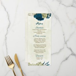 aquamarin-blaue und beige Blume botanische Hochzei Menükarte