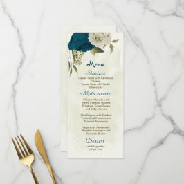 aquamarin-blaue und beige Blume botanische Hochzei Menükarte