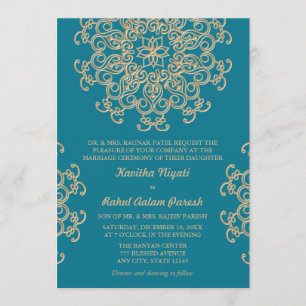AQUAMARIN BLAUE UND GOLDENE INDISCHE HOCHZEIT EINLADUNG