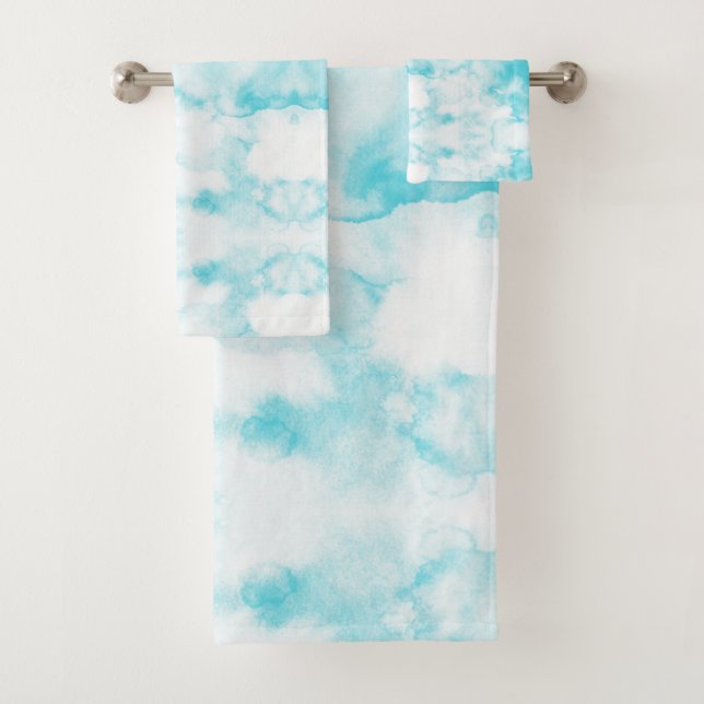 Aquamarin blaues abstraktes Muster in Aquarellfarb Badhandtuch Set (Insitu)