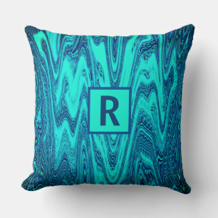 Aquamarin blaugrüne Abstrakte Monogramm-Baumwolle Kissen