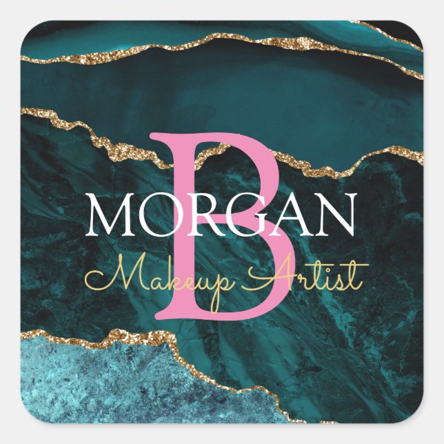Aquamarin Blk Gold Agate, Name Monogram Beruf Rosa Quadratischer Aufkleber (Vorderseite)