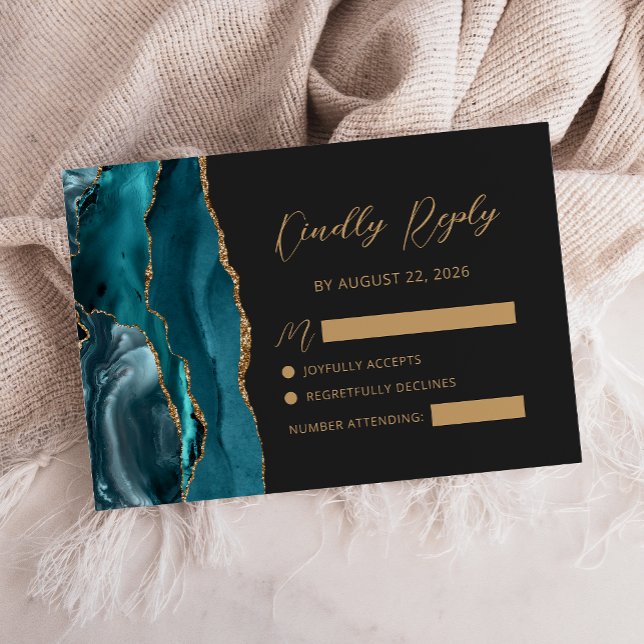 Aquamarin Blue Agate Gold Calligraphy Script Weddi RSVP Karte (Von Creator hochgeladen)
