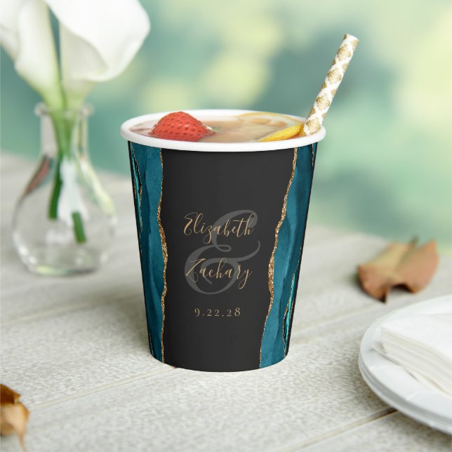 Aquamarin Blue Agate Gold Glitzer Script Wedding Pappbecher (In Situ)