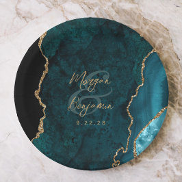 Aquamarin Blue Agate Gold Script Wedding Pappteller