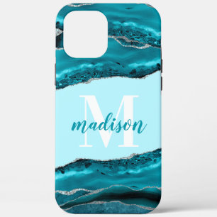 Aquamarin Blue Agate mit Silver Glitzer Mit Monogr Case-Mate iPhone Hülle
