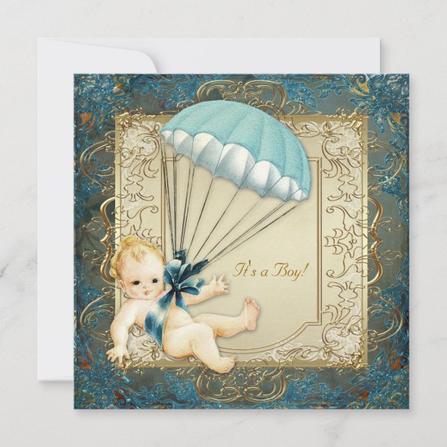 Aquamarin Blue and Gold Boys Baby Dusche Einladung (Vorderseite)
