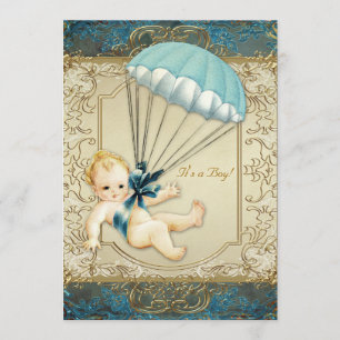 Aquamarin Blue and Gold Boys Vintage Babydusche Einladung