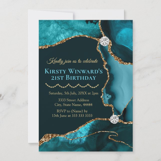 Aquamarin Blue and Gold Glitzer Agate Birthday Par Einladung (Vorderseite)