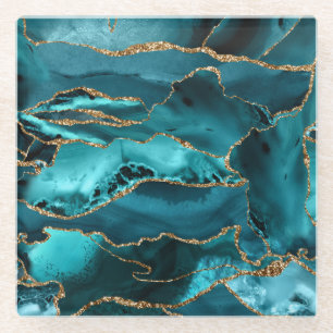 Aquamarin Blue and Gold Glitzer Agate Glasuntersetzer
