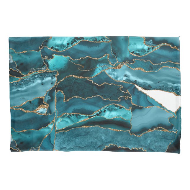 Aquamarin Blue and Gold Glitzer Agate Kissenbezug (Vorderseite-Links)