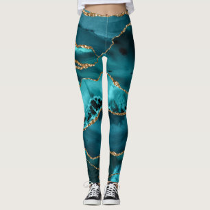 Aquamarin Blue and Gold Glitzer Agate Leggings