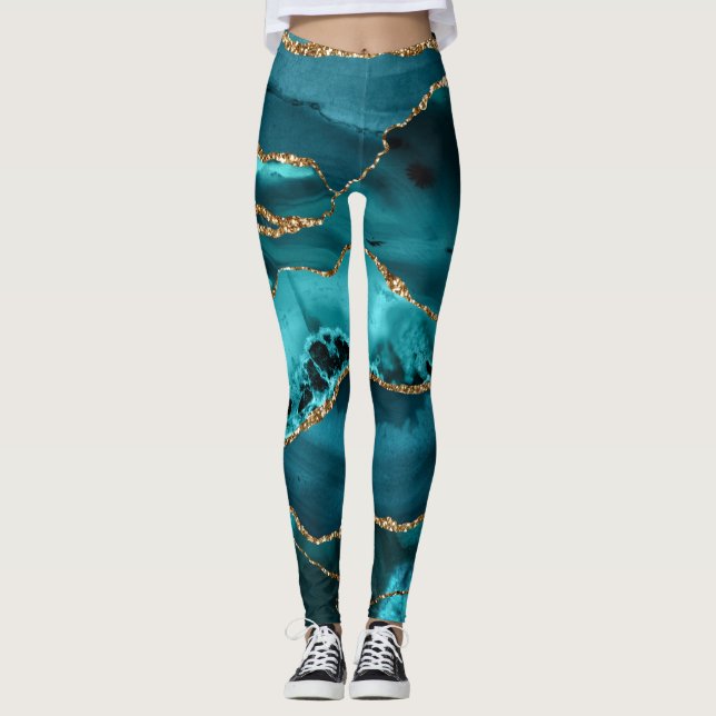 Aquamarin Blue and Gold Glitzer Agate Leggings (Vorderseite)