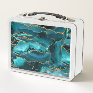 Aquamarin Blue and Gold Glitzer Agate Metall Brotdose