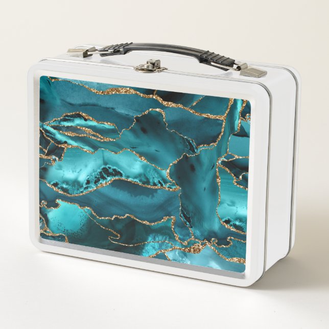 Aquamarin Blue and Gold Glitzer Agate Metall Brotdose (Vorderseite)