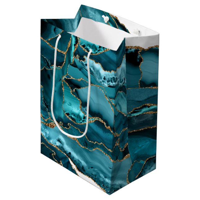 Aquamarin Blue and Gold Glitzer Agate Mittlere Geschenktüte (Vorderseite Schrägansicht)