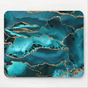 Aquamarin Blue and Gold Glitzer Agate Mousepad