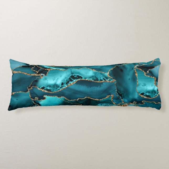 Aquamarin Blue and Gold Glitzer Agate Seitenschläferkissen (Vorderseite)