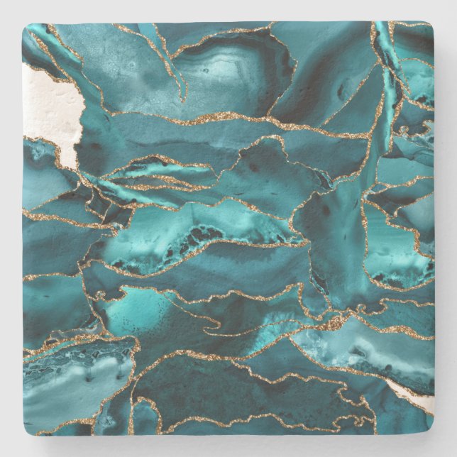 Aquamarin Blue and Gold Glitzer Agate Steinuntersetzer (Vorderseite)