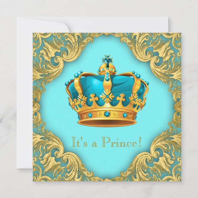 Aquamarin Blue and Gold Prince Baby Dusche Einladung (Vorderseite)