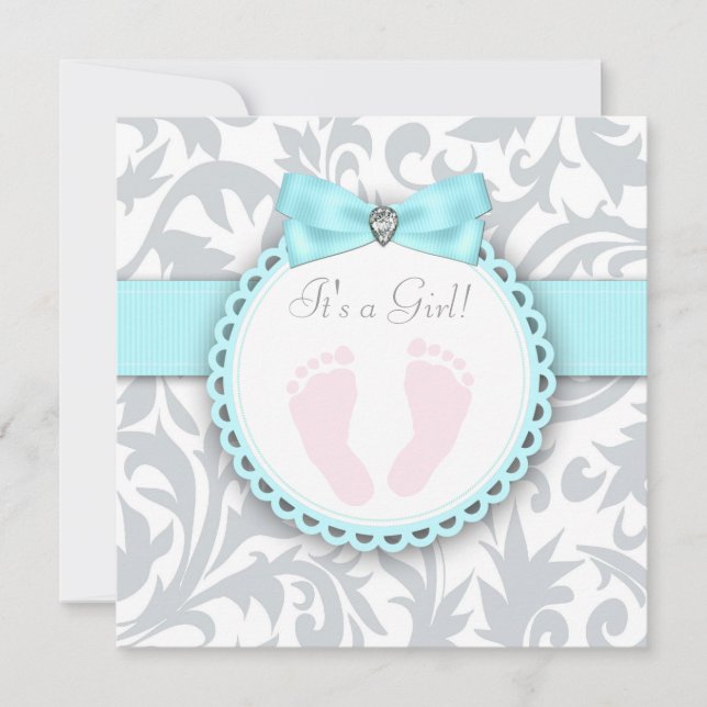 Aquamarin Blue and Gray Footprint Baby Girl Dusche Einladung (Vorderseite)