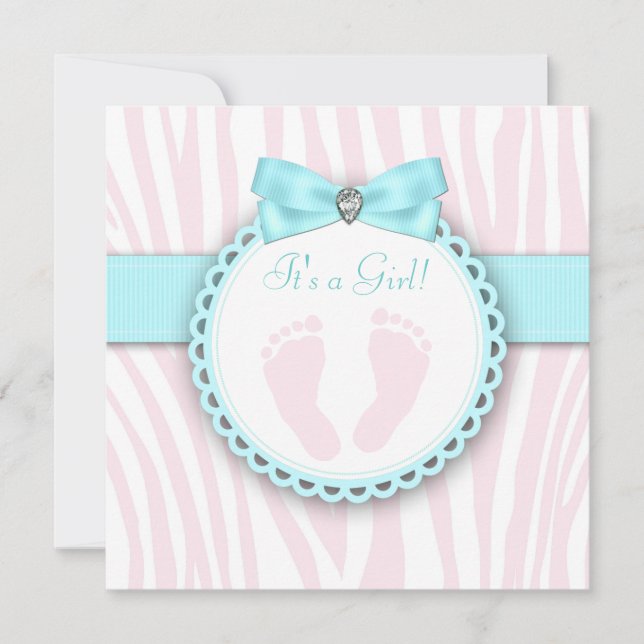 Aquamarin Blue and Pink Footprint Baby Girl Dusche Einladung (Vorderseite)