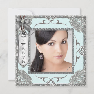 Aquamarin Blue and Silver Foto Sweet 16 Birthday P Einladung
