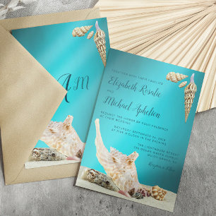 Aquamarin Blue Aqua Seashell Beach Wedding Einladung