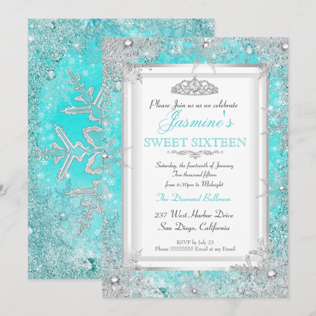 Aquamarin Blue Aqua Silver Winter Wonderland Sweet Einladung (Vorne/Hinten)