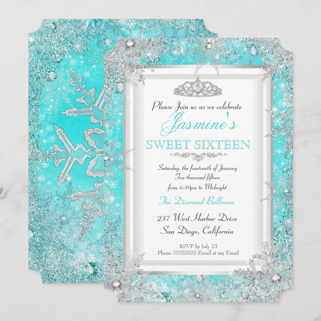 Aquamarin Blue Aqua Silver Winter Wonderland Sweet Einladung (Vorne/Hinten)