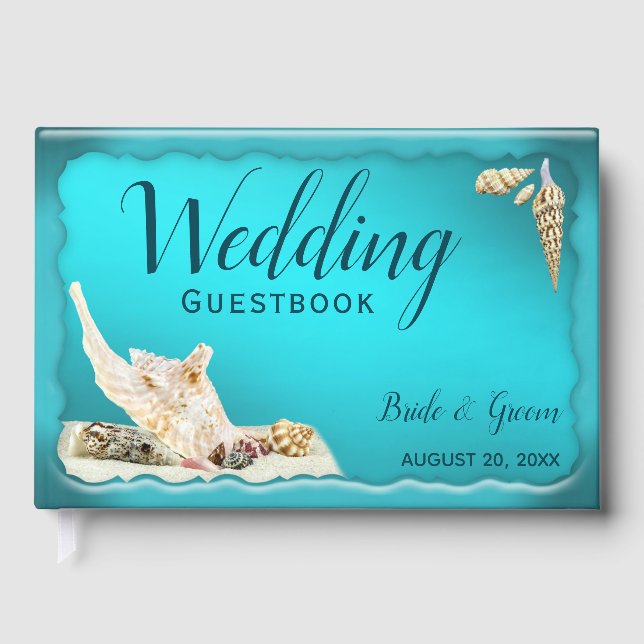Aquamarin Blue Aqua Türkise Seashell Beach Wedding Gästebuch (Vorderseite)
