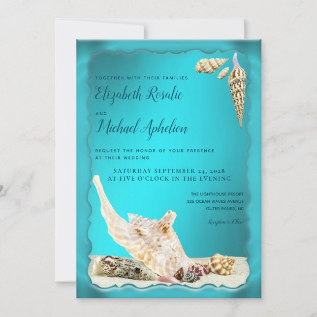 Aquamarin Blue Aqua Türkise Seashell Wedding Einladung (Vorderseite)