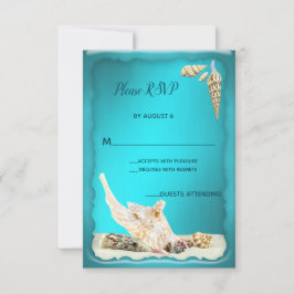Aquamarin Blue Aqua Türkise Seashell Wedding RSVP Karte