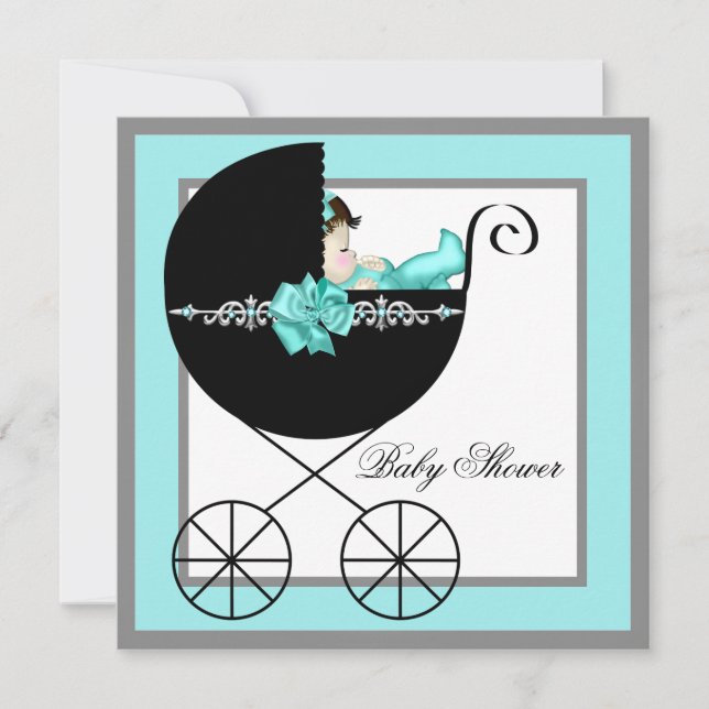 Aquamarin Blue Baby Carriage Baby Dusche Einladung (Vorderseite)