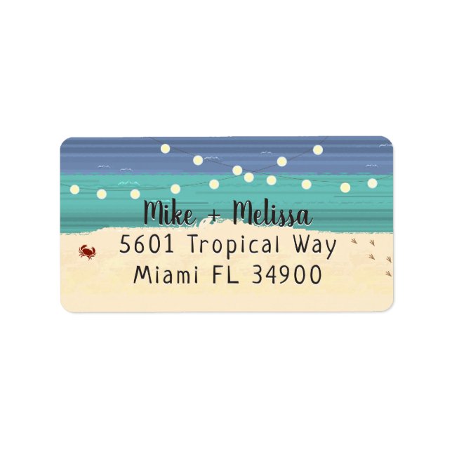 Aquamarin & Blue Beach & String Lights Adressaufkleber (Vorne)