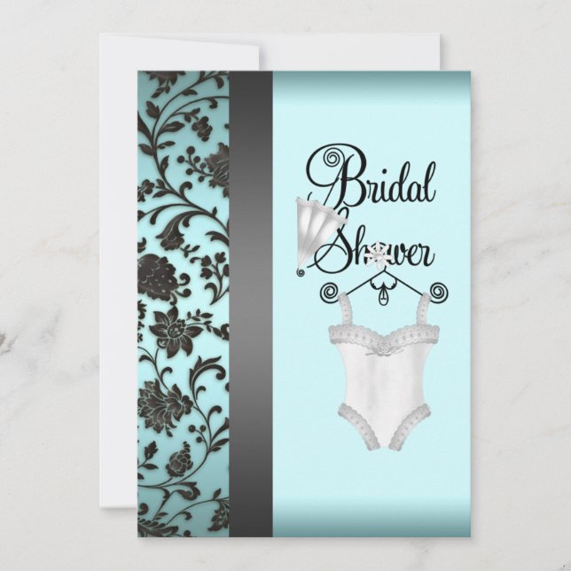 Aquamarin Blue Black Damask Bridal Dusche Einladun Einladung (Vorderseite)