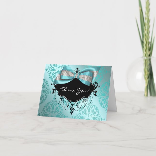Aquamarin Blue Black Damask Danke, Card Dankeskarte (Vorderseite)