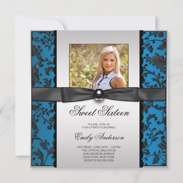 Aquamarin Blue Black Damask Foto Sweet 16 Party Einladung (Vorderseite)