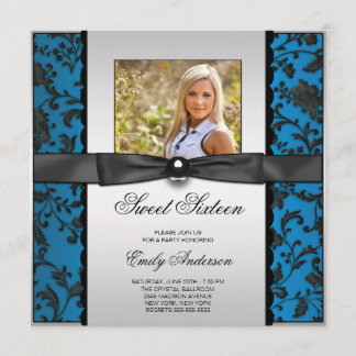 Aquamarin Blue Black Damask Foto Sweet 16 Party Einladung