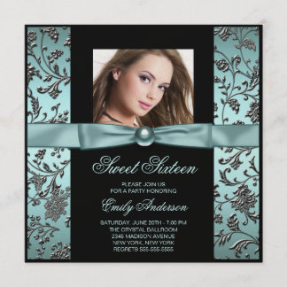 Aquamarin Blue Black Damask Foto Sweet 16 Party Einladung