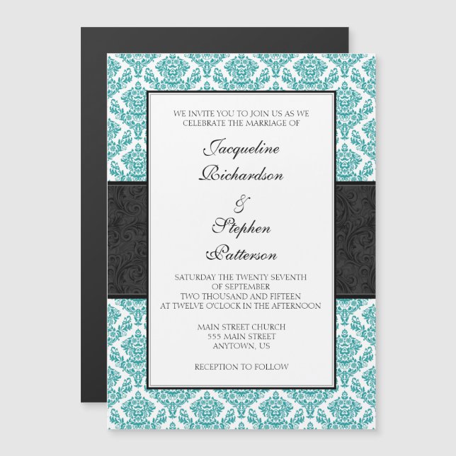 Aquamarin Blue Black Damask Magnetic Wedites lädt  Magneteinladung (Vorne/Hinten)