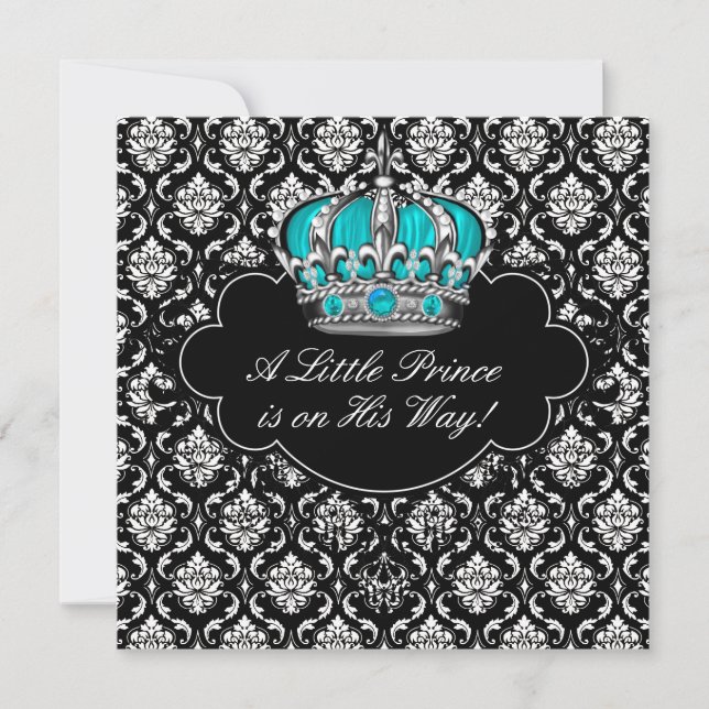 Aquamarin Blue Black Damask Prince Baby Boy Dusche Einladung (Vorderseite)