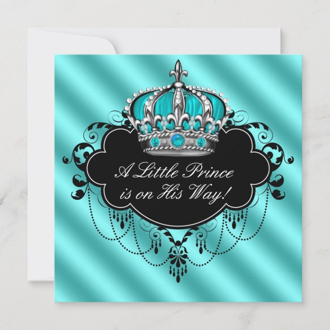 Aquamarin Blue Black Damask Prince Baby Boy Dusche Einladung (Vorderseite)