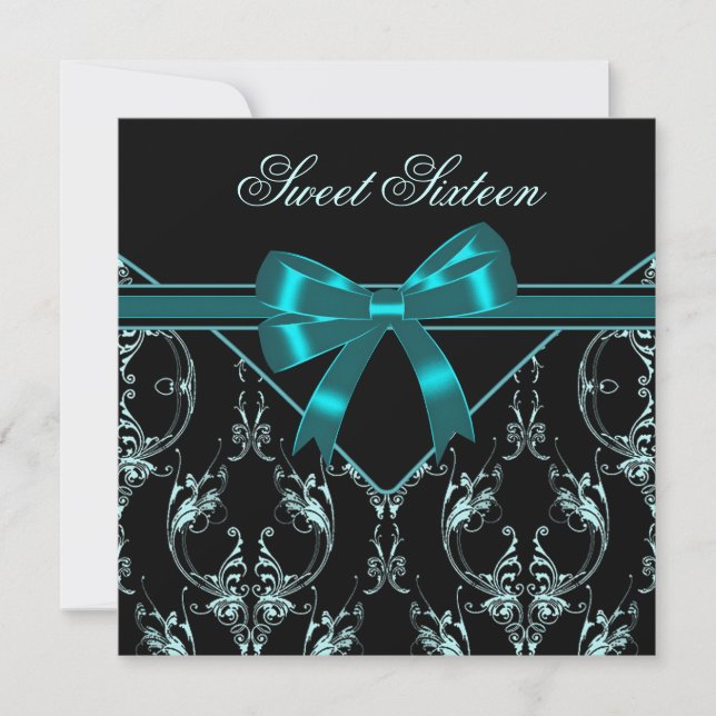 Aquamarin Blue Black Damask Sweet 16 Party Einladung (Vorderseite)