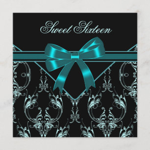 Aquamarin Blue Black Damask Sweet 16 Party Einladung