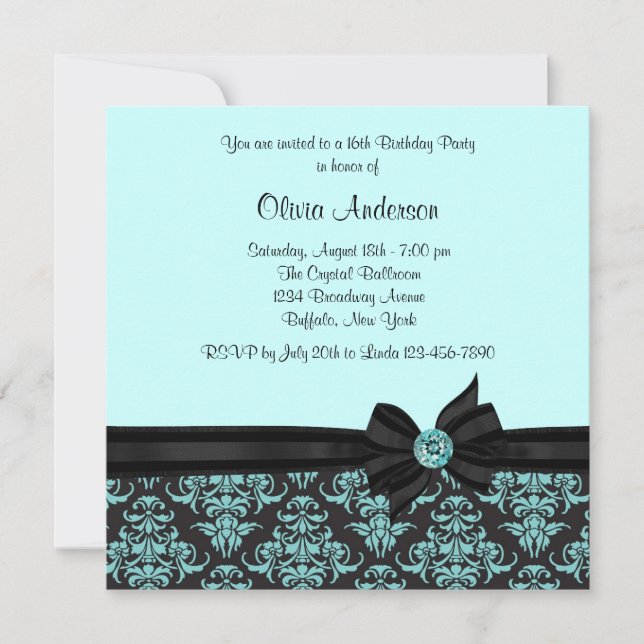 Aquamarin Blue Black Damask Sweet 16 Party Einladung (Vorderseite)