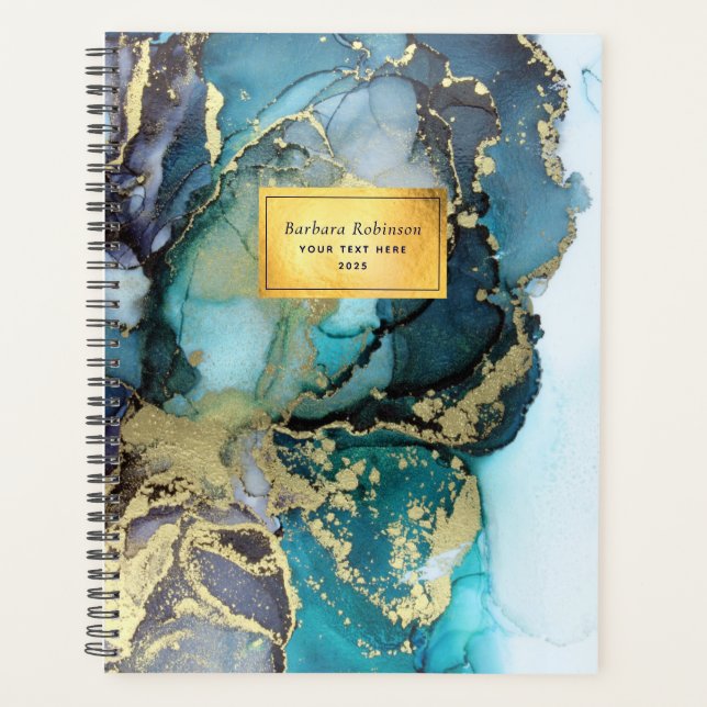 Aquamarin Blue Black Gold Metallic Abstrakte Kunst Planer (Vorderseite)
