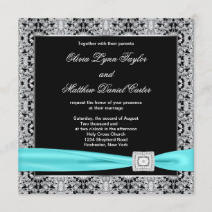 Aquamarin Blue Black Silver Lace Classy Wedding Einladung