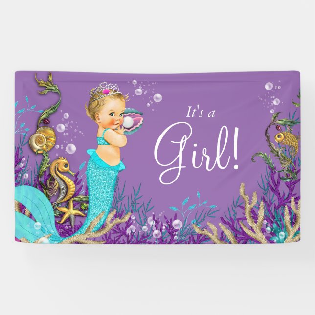 Aquamarin Blue Blonde Mermaid Baby Dusche Banner (Horizontal)