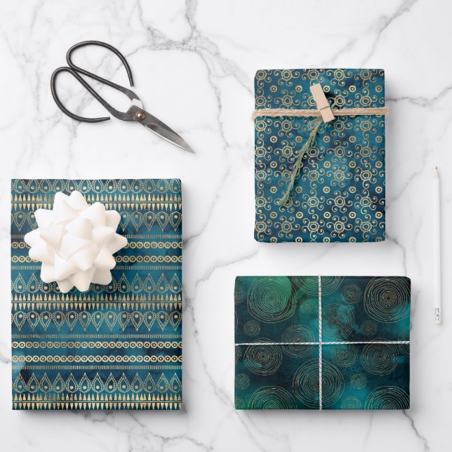 Aquamarin Blue Boho Geschenkpapier Set (Vorderseite)